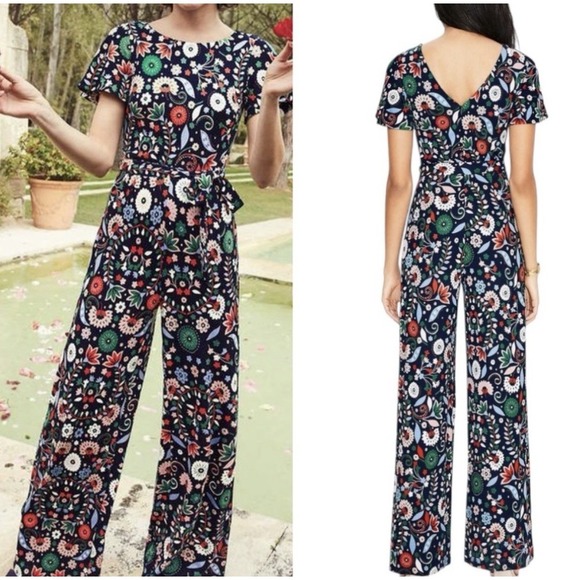 Boden Camille Jumpsuit Size US 16R Navy Floral Tie Waist Wide Leg Ponte